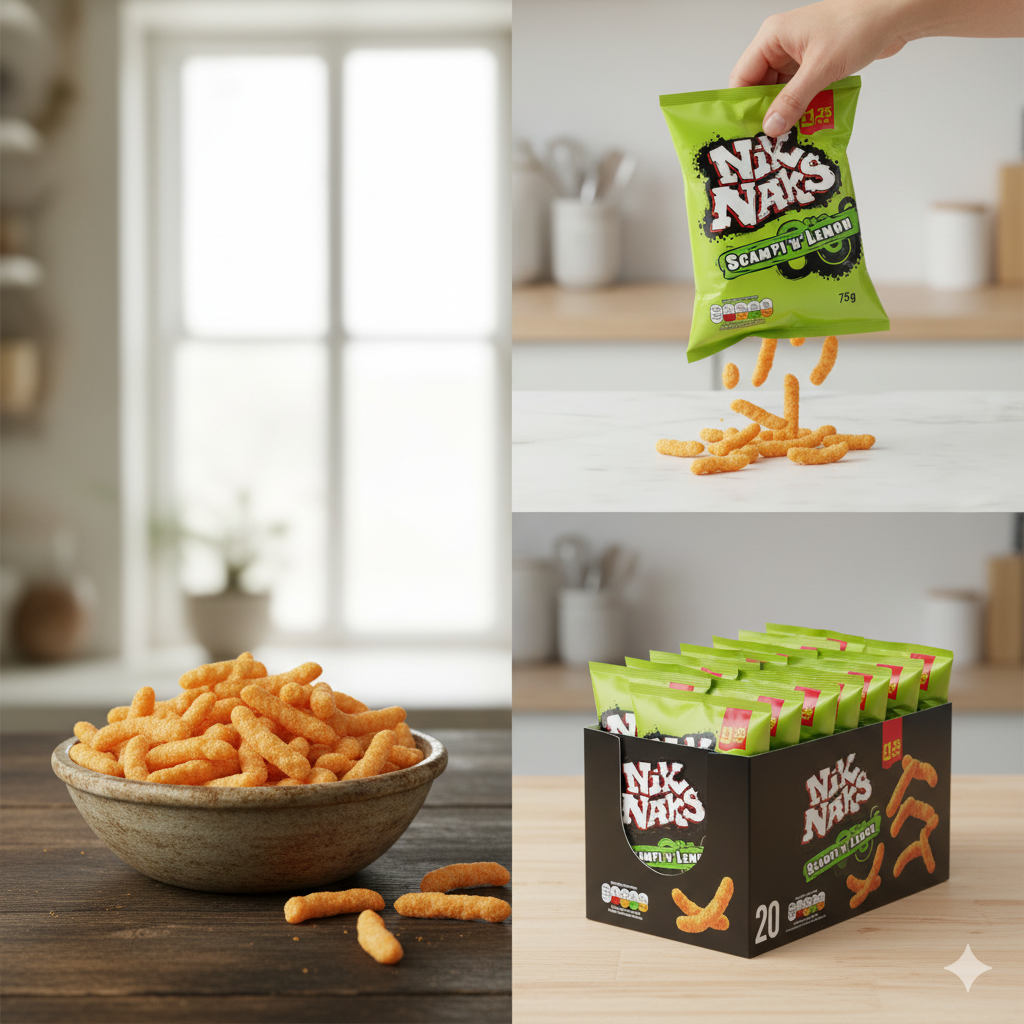 Nik Naks Scampi ’N’ Lemon Crisps 20 × 75g PMP – Wacky Knobbly Corn Sticks - Image 3