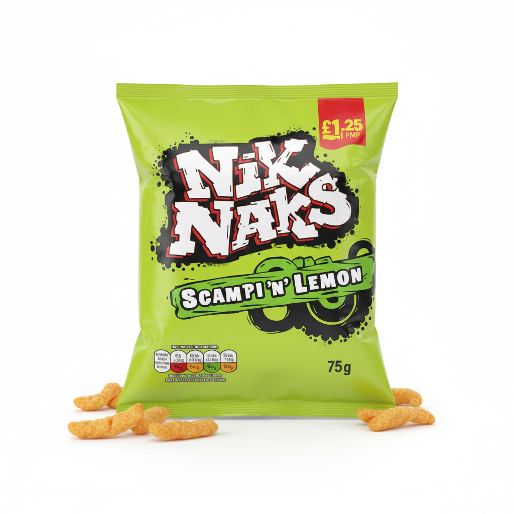 Nik Naks Scampi ’N’ Lemon Crisps 20 × 75g PMP – Wacky Knobbly Corn Sticks